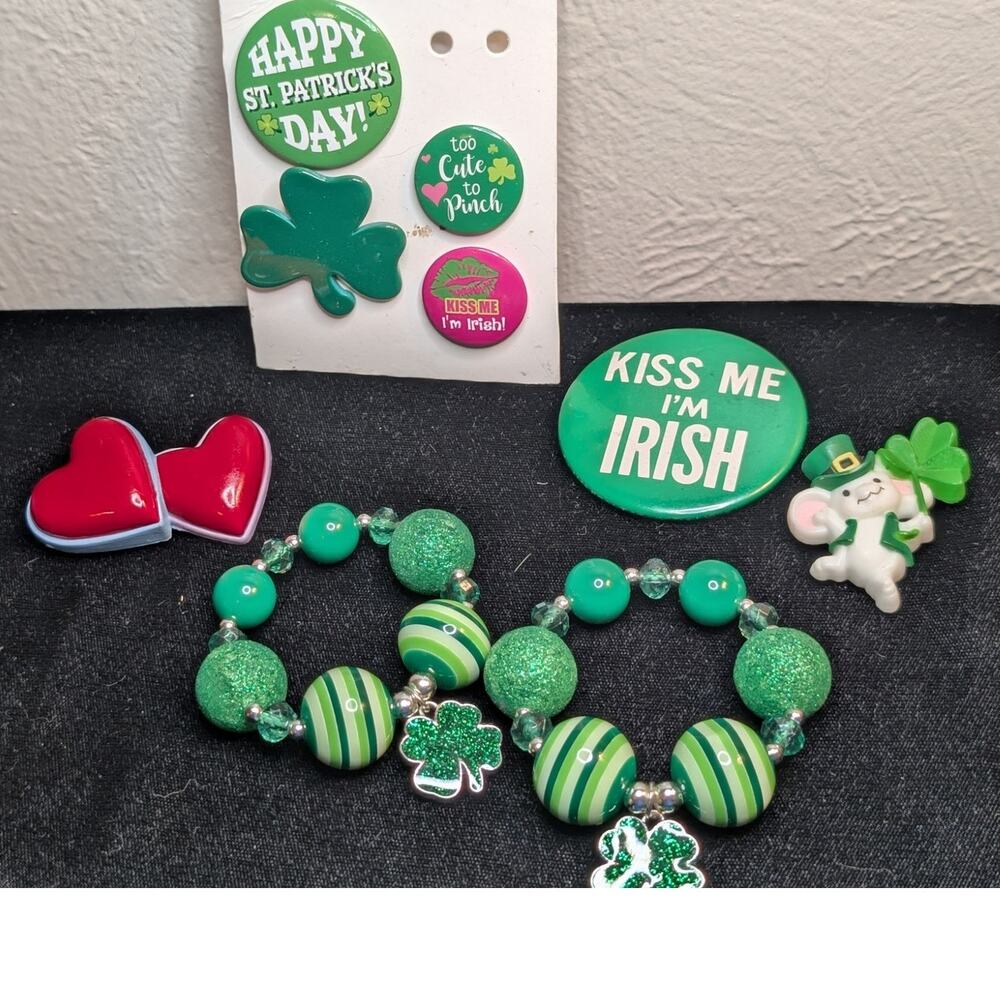 Valentine's Day & St. Patrick's Day Pins and Bracelet Lot